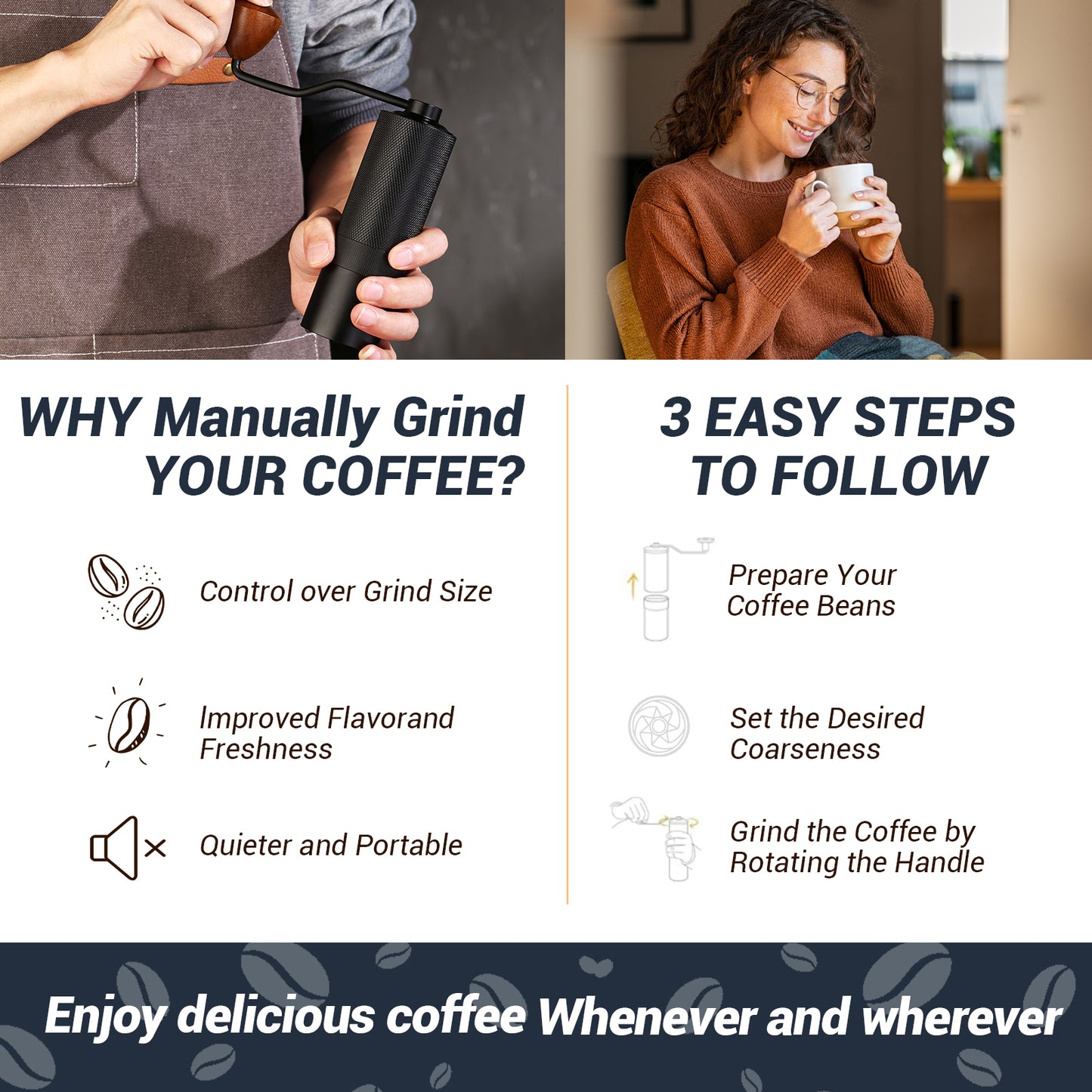 Manual Coffee Grinder, 7-Cell Replaceable Stainless Steel Cone Burrs, Metal One-piece Body, Origin Adjustment, 72 Levels of Precision Grind Settings, Black, Great Hand Coffee Grinder Gift