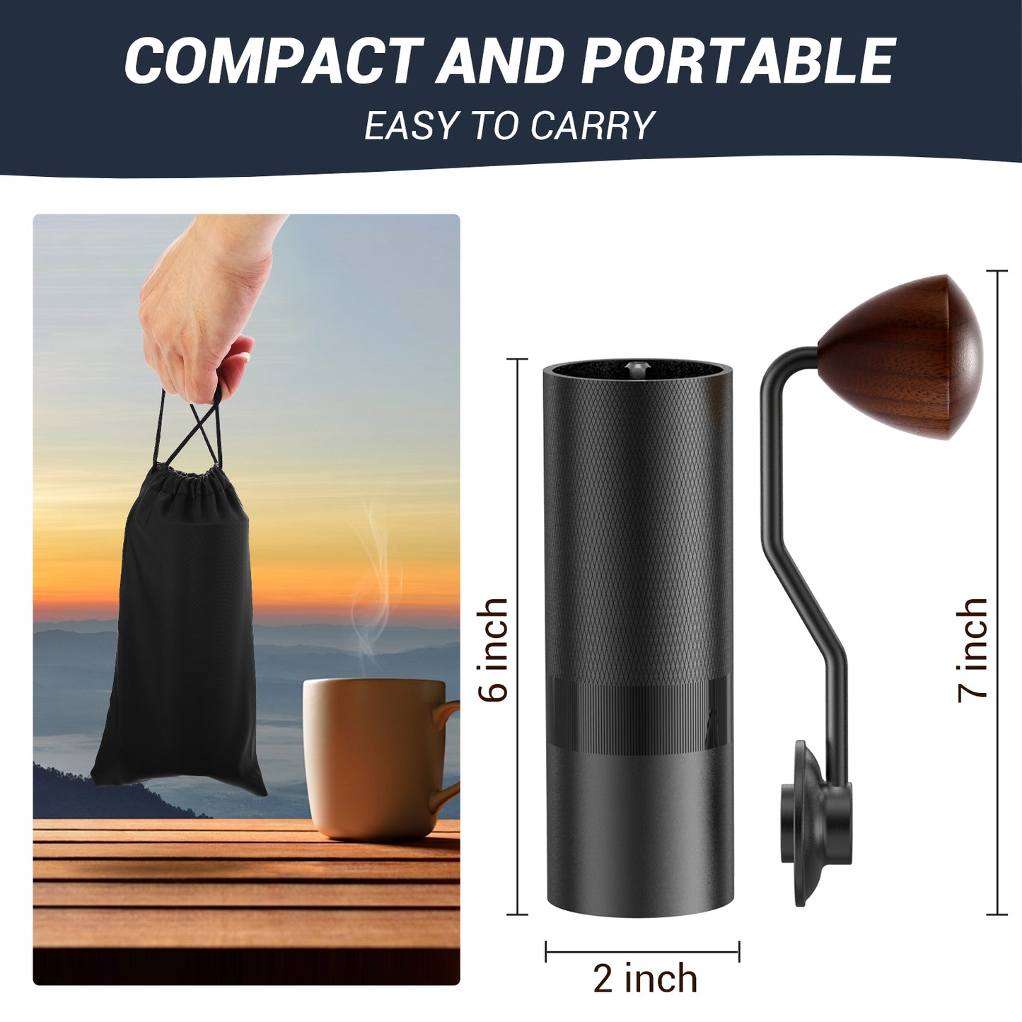 Manual Coffee Grinder, 7-Cell Replaceable Stainless Steel Cone Burrs, Metal One-piece Body, Origin Adjustment, 72 Levels of Precision Grind Settings, Black, Great Hand Coffee Grinder Gift
