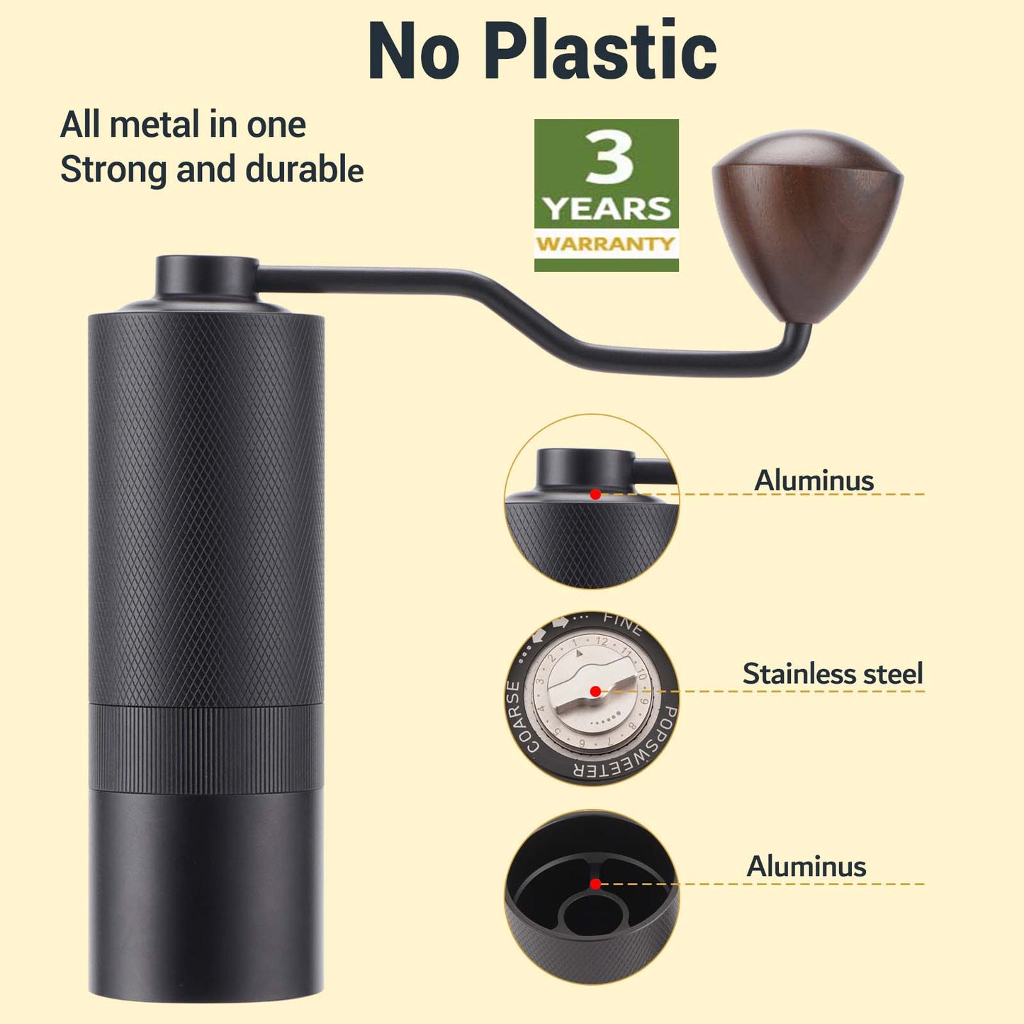 Manual Coffee Grinder, 7-Cell Replaceable Stainless Steel Cone Burrs, Metal One-piece Body, Origin Adjustment, 72 Levels of Precision Grind Settings, Black, Great Hand Coffee Grinder Gift
