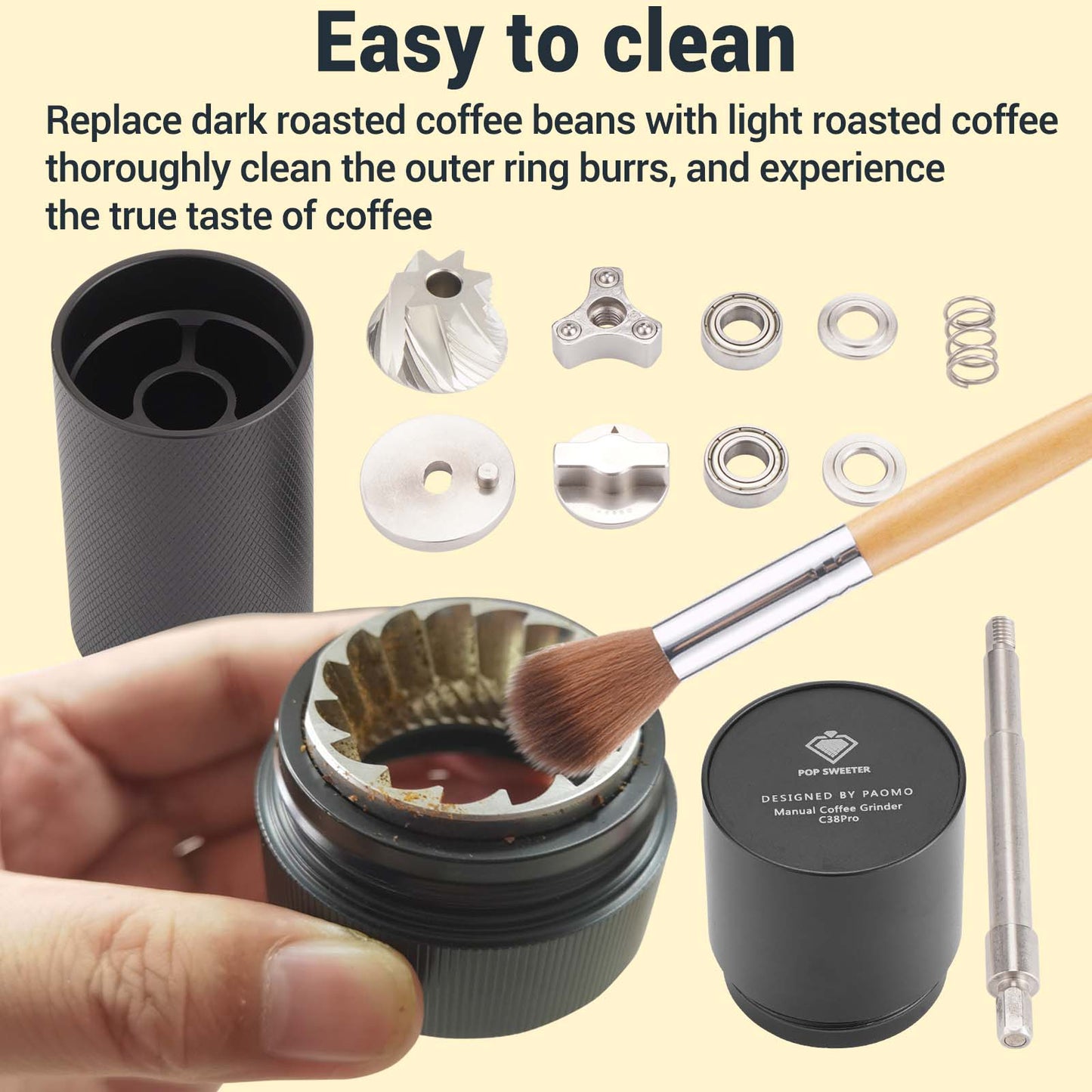 Manual Coffee Grinder, 7-Cell Replaceable Stainless Steel Cone Burrs, Metal One-piece Body, Origin Adjustment, 72 Levels of Precision Grind Settings, Black, Great Hand Coffee Grinder Gift