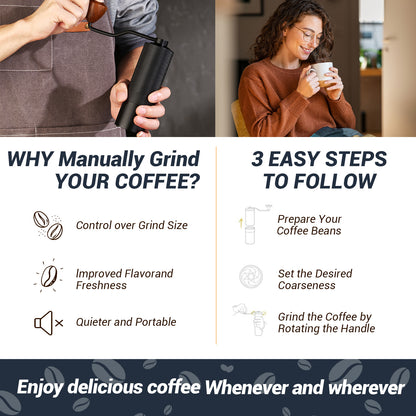 Manual Coffee Grinder, 7-Cell Replaceable Stainless Steel Cone Burrs, Metal One-piece Body, Origin Adjustment, 72 Levels of Precision Grind Settings, Black, Great Hand Coffee Grinder Gift