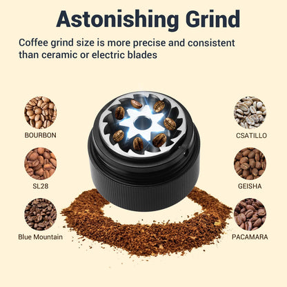Manual Coffee Grinder, 7-Cell Replaceable Stainless Steel Cone Burrs, Metal One-piece Body, Origin Adjustment, 72 Levels of Precision Grind Settings, Black, Great Hand Coffee Grinder Gift