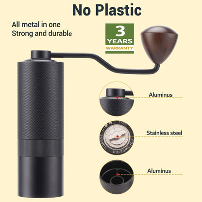 Manual Coffee Grinder, 7-Cell Replaceable Stainless Steel Cone Burrs, Metal One-piece Body, Origin Adjustment, 72 Levels of Precision Grind Settings, Black, Great Hand Coffee Grinder Gift