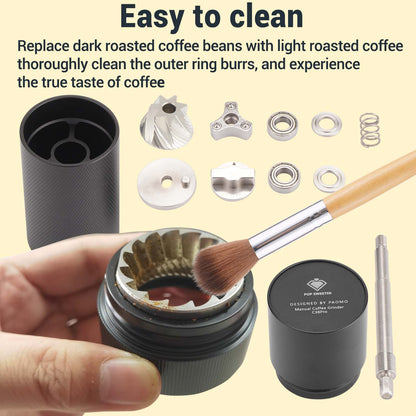 Manual Coffee Grinder, 7-Cell Replaceable Stainless Steel Cone Burrs, Metal One-piece Body, Origin Adjustment, 72 Levels of Precision Grind Settings, Black, Great Hand Coffee Grinder Gift